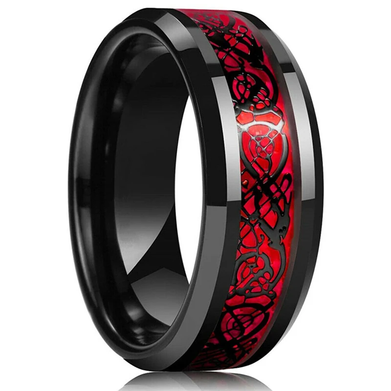 แฟชั่น 8 มม.สแตนเลส Celtic Dragon แหวน Inlay สีแดงสีเขียวสีดําคาร์บอนไฟเบอร์แหวนแต่งงาน Charm เครื่องประดับของขวัญ