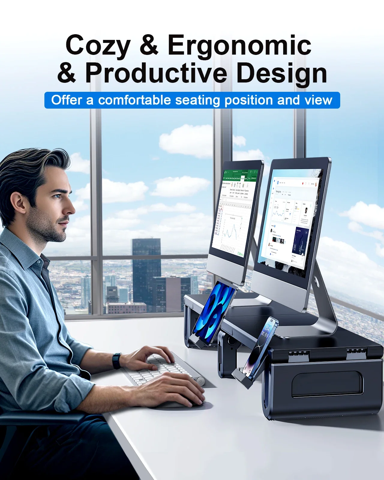 Eary Dual Monitor Stand Riser ความยาวปรับแล็ปท็อป Desktop Organizer ขาตั้งโทรศัพท์ผู้ถือแท็บเล็ตสําหรับโฮมออฟฟิศ