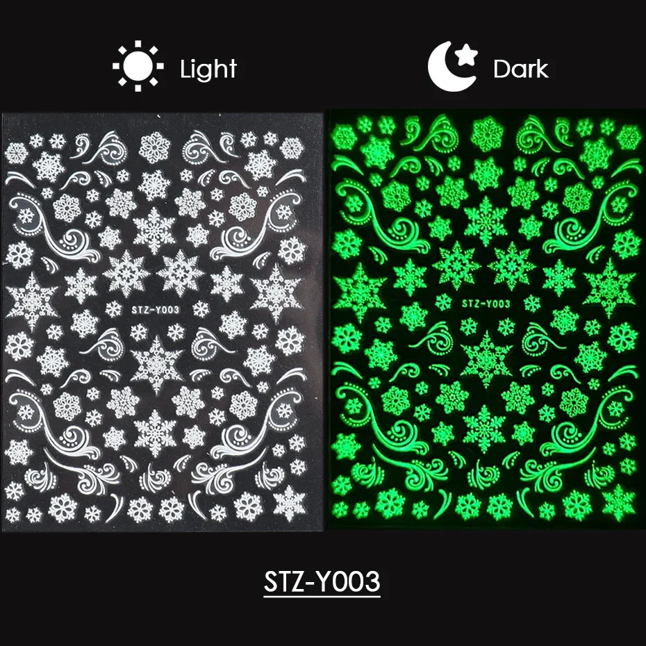 Pegatinas 3D luminosas de Navidad que brillan en la oscuridad, deslizadores de Año Nuevo para vacaciones con copos de nieve de invierno, accesorios artísticos para uñas, calcomanías BESTZY01-18
