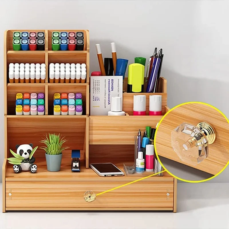 목재 책상 정리함, DIY 탁상용 깔끔한 펜꽂이, 대용량 문구 보관함, 서랍 포함, 가정 사무실 및 학교용