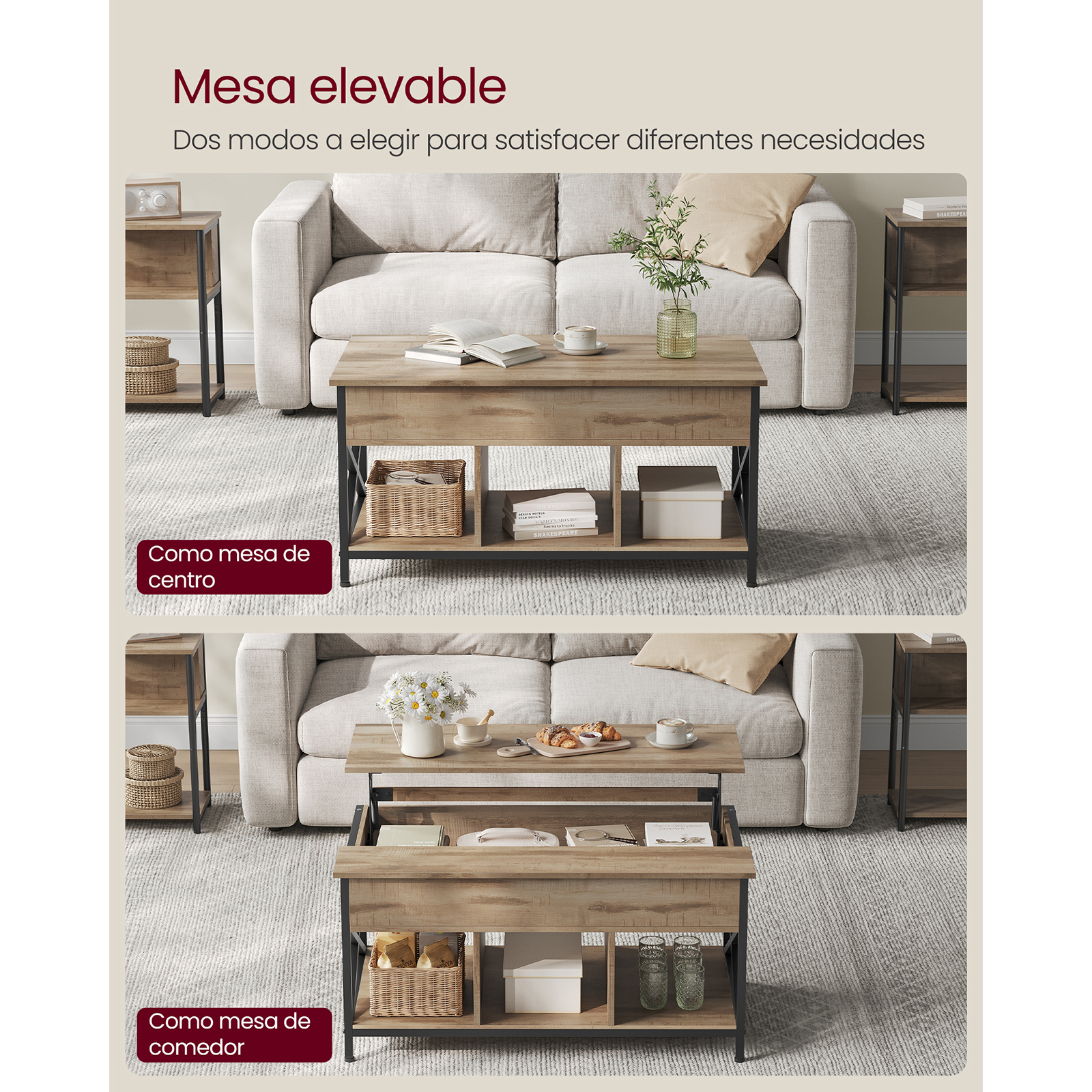 Mesa de centro VASAGLE Lift-Top: almacenamiento abierto/oculto, barras en forma de X. 60x100x(48-62) cm, Marrón rústico/negro. Ideal para sala de estar.