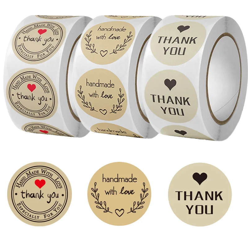 500 pezzi di carta kraft fatta a mano con amore Grazie adesivi Etichetta decorativa DlY perfetta per adornare regali e sigillatura di cottura