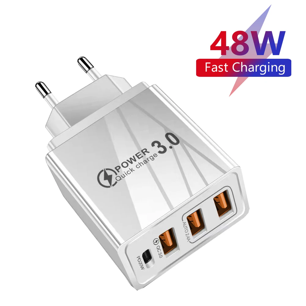 Caricatore USB 48W QC 3.0 Tipo C PD Carica rapida per iPhone 12 13 Max Samsung S21 Huawei Xiaomi Caricatore da muro con spina UE/USA per telefono cellulare
