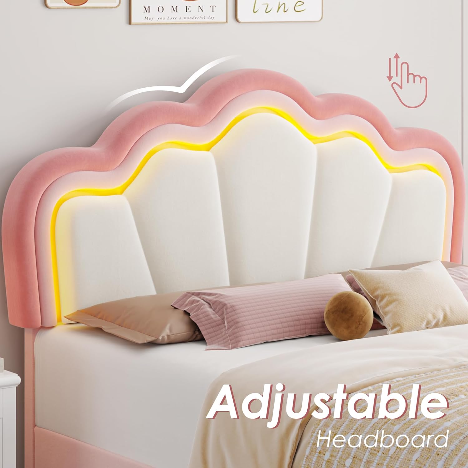 Full Upholstered LED Bed Frame with Storage Drawers, Cute Girls Bed with Adjustable Lotus Headboard, Velvet Princess