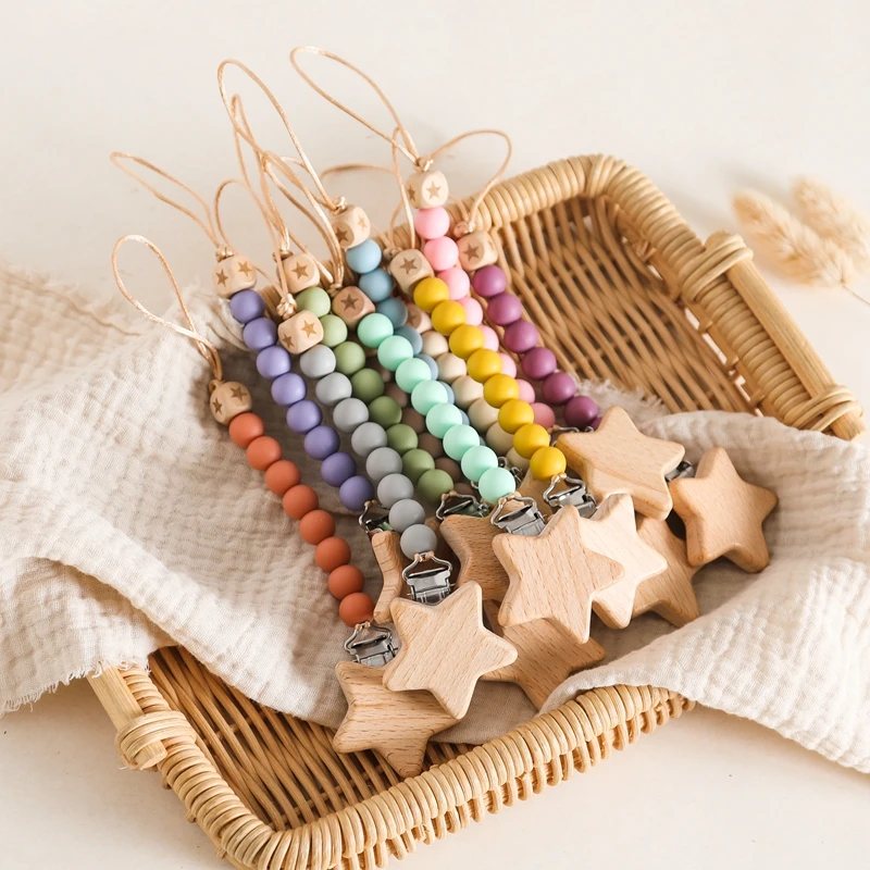 คลิป Pacifier ทารกจุกนมผู้ถือ Pacifier CHAIN Dummy ผู้ถือ Pacifier คลิป Beech ไม้ Star Pacifiers สําหรับทารกแรกเกิดของเล่น