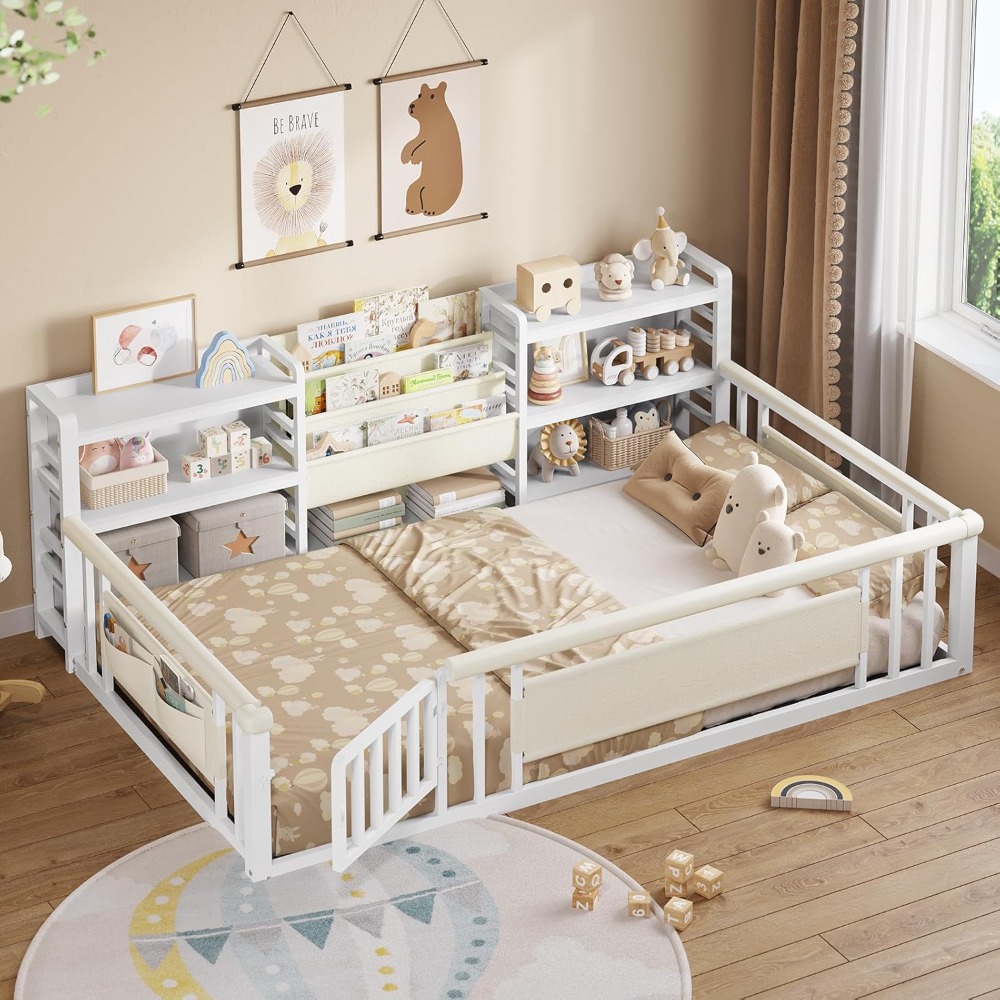 Twin Floor Bed with Storage Bookcase and Shelves for Kids, Montessori Floor Beds with Safety Rails and Door, Floor Bed Tw