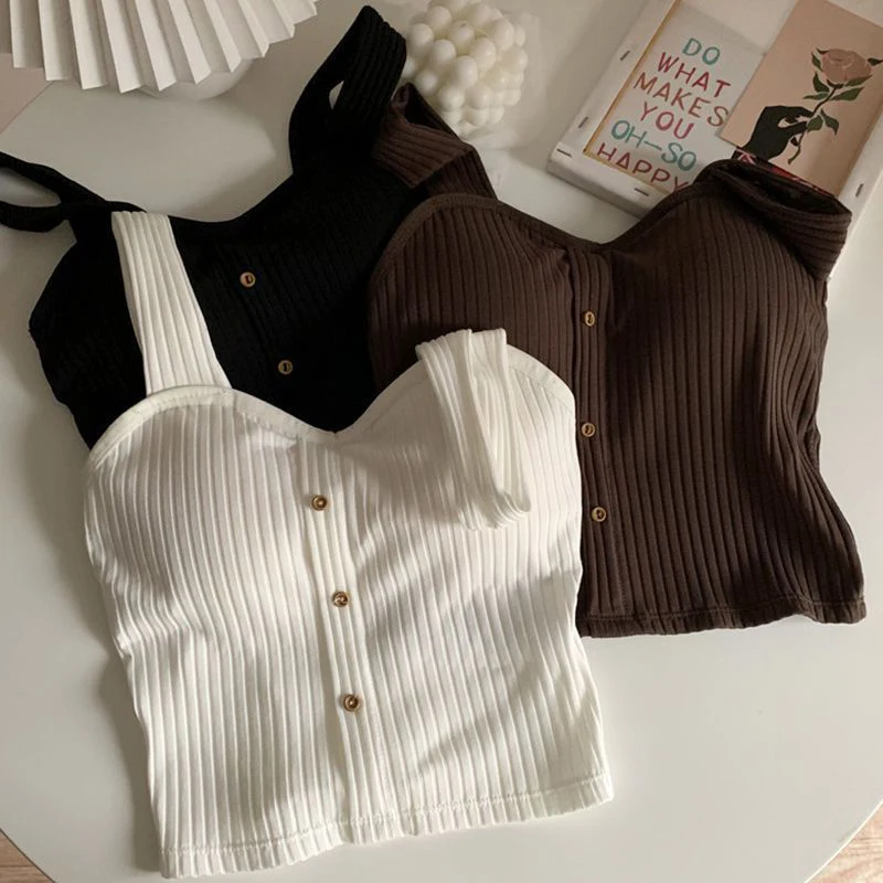1szt Summer Girls Cute Button Padded Bra Tank Top Women Casual Strap Top Kamizelka Damska Camisole Z Wbudowanym Biustonoszem Camis Top Damski