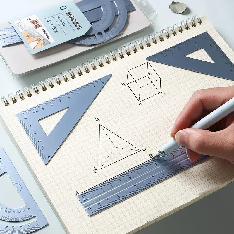 4pcs Metal Ruler Triangle Protractor Straight Rulers Drafting Measuring Tools Korean Stationery Geometry Maths Drawing Compass