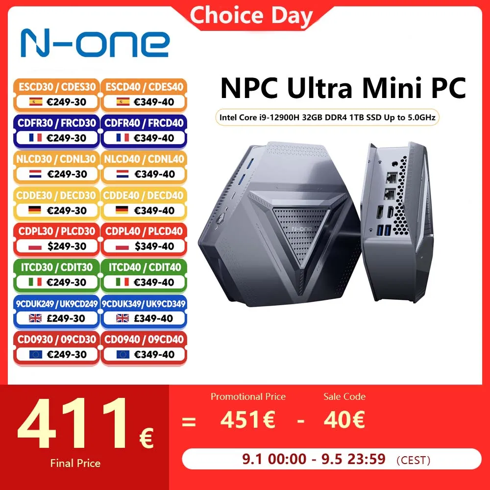 N-one Intel i9 12900H Mini PC Ultra 14 Cores, 20 Threads Windows 11 Pro 32GB DDR4 1TB SSD Dual-Band WiFi 6/BT5.2 voor thuis, kantoor