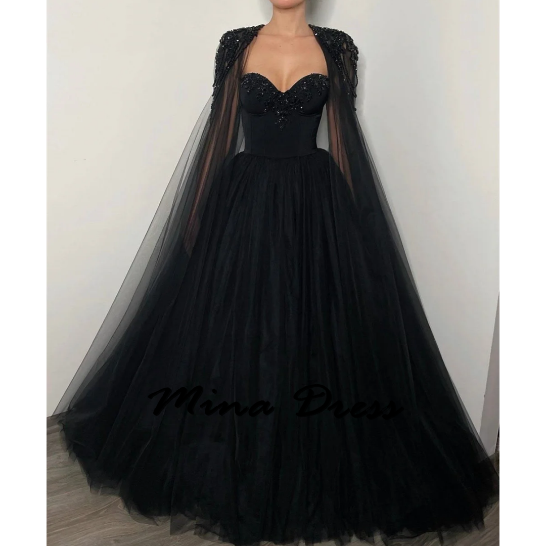 Mina maßge schneiderte elegante Party für Hochzeit Abendkleider Frau elegante schwarze Schal Ballkleider Perlen Gaze Abendkleid