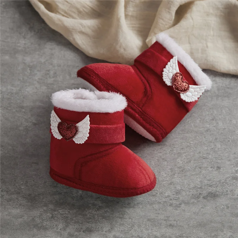 Suefunskry, botas de nieve de invierno para bebé recién nacido, botines de Color contrastante, alas de corazón de felpa cálidas, zapatos para caminar para bebé de 0 a 18M