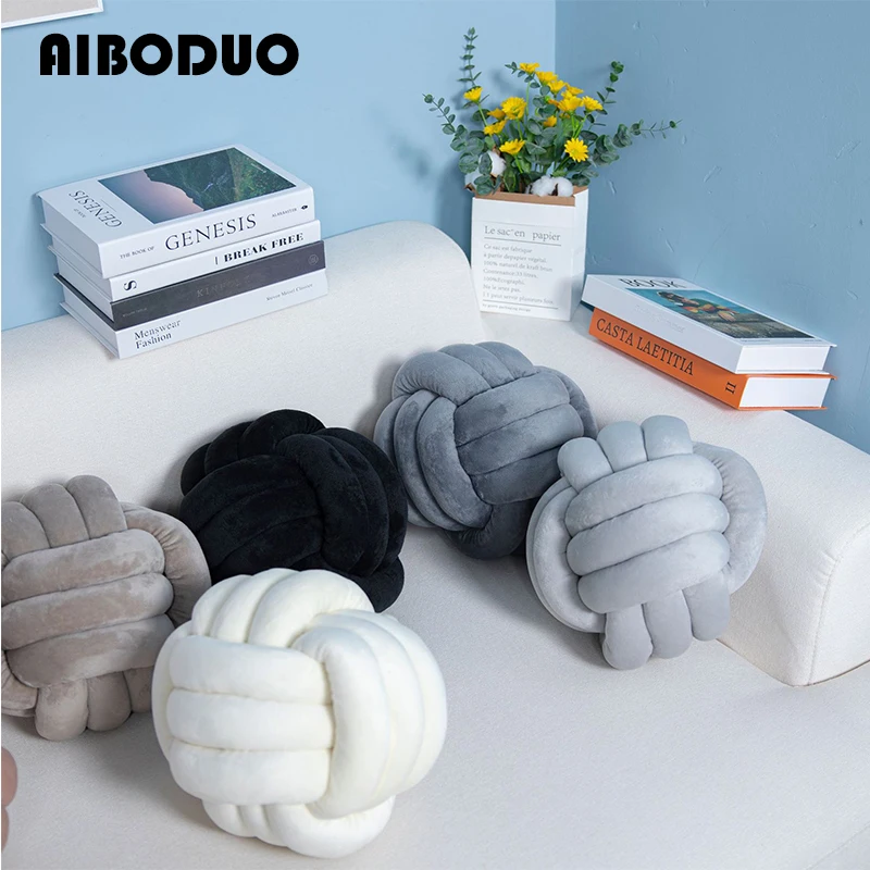 Nordic Hand-woven Three-strand Rope Round Ball Pillow Home Decoration Crystal Velvet Knot Ball Pillow