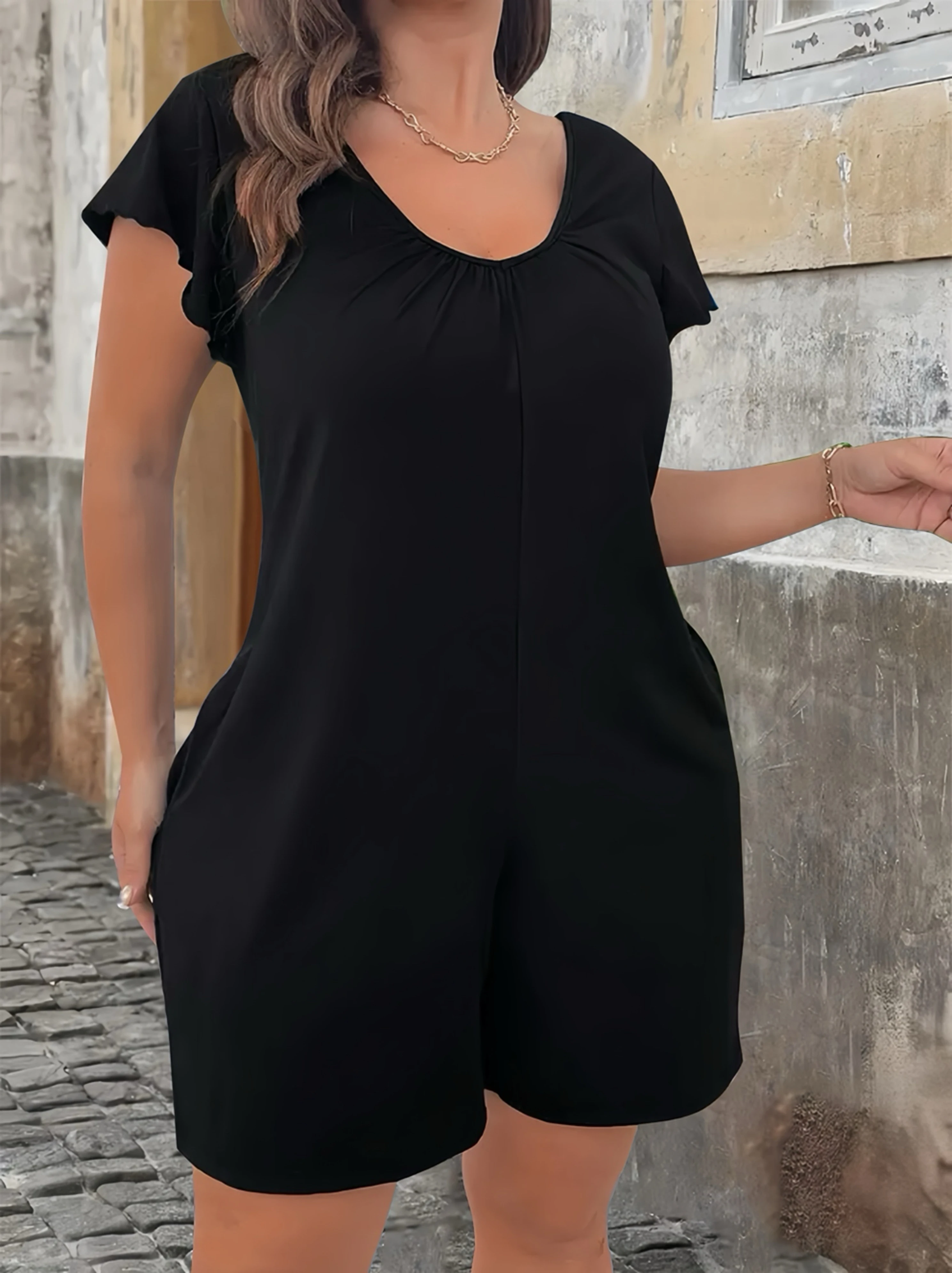 Elegante jumpsuit met V-hals en volantmouwen en zakken - Grote maten effen kleur zomer casual chique outfit