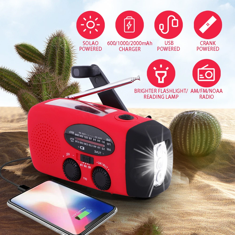Radio de emergencia de 2000 mAh con luces LED, luz de carga Solar USB, Radio FM/AM recargable portátil para viajes al aire libre