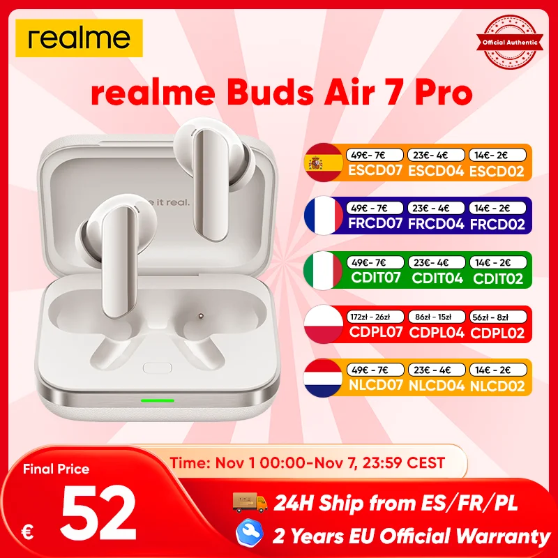 realme Buds Air 7 Pro Ai Bluetooth écouteur 53Db 5000Hz suppression du bruit Bt 5.4 48 heures d'autonomie haute résolution Lhdc 5.0 Ip55 nouveau