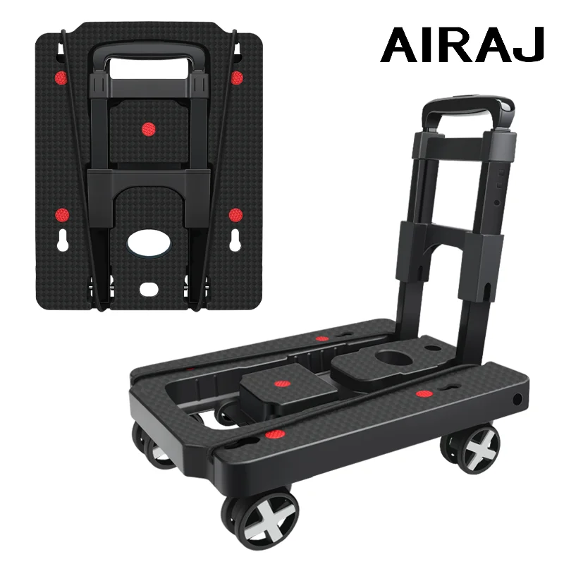 AIRAJ Folding Hand Truck Foldable Dolly Cart for Moving 110lbs Heavy Duty Luggage Platform Dolly with 4 Wheels & 2 Rope