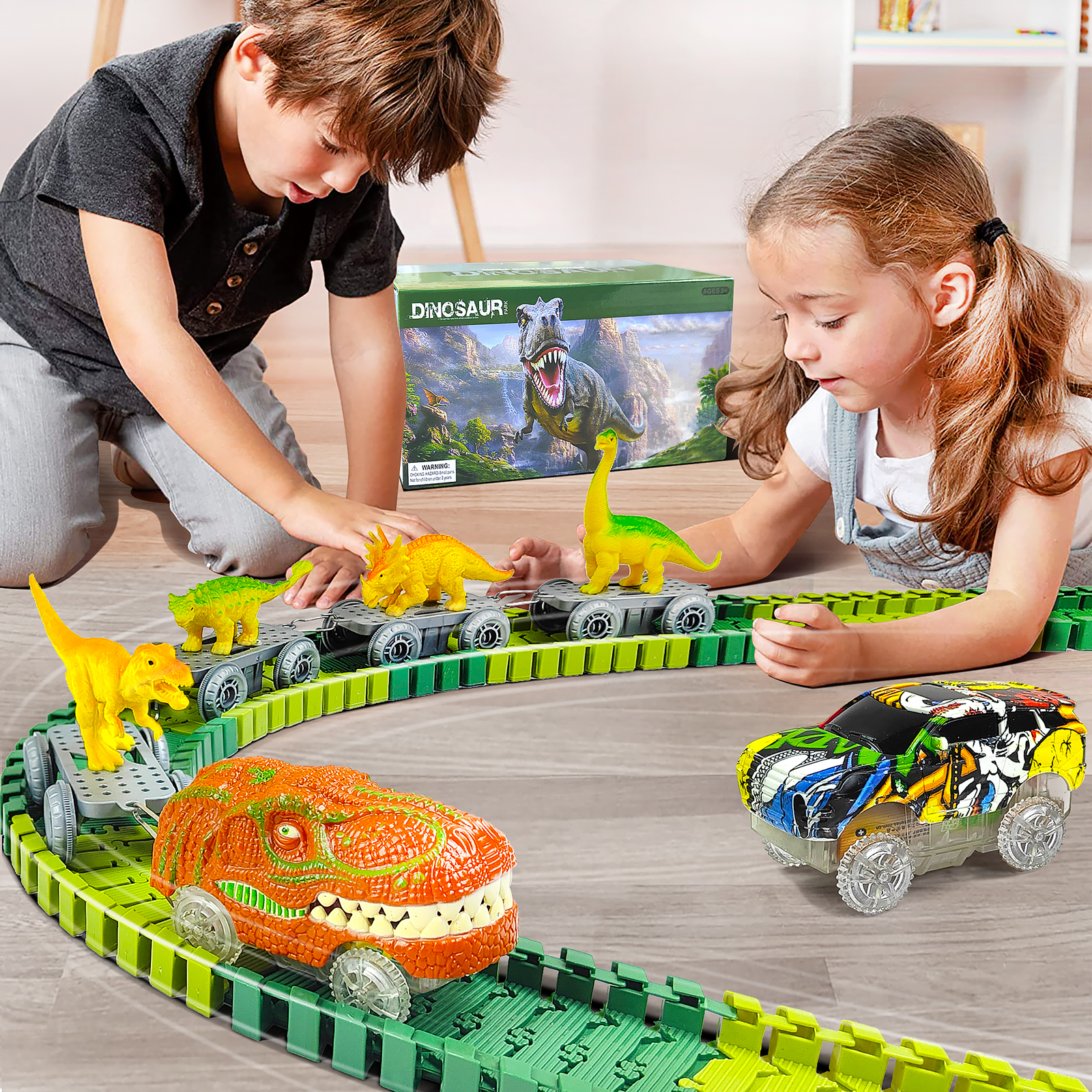 Dinosaur Toys-Magical Train Track Racing Toy Bend Flexible Race Track Flash Light Car Educational Toys For Kids Gift