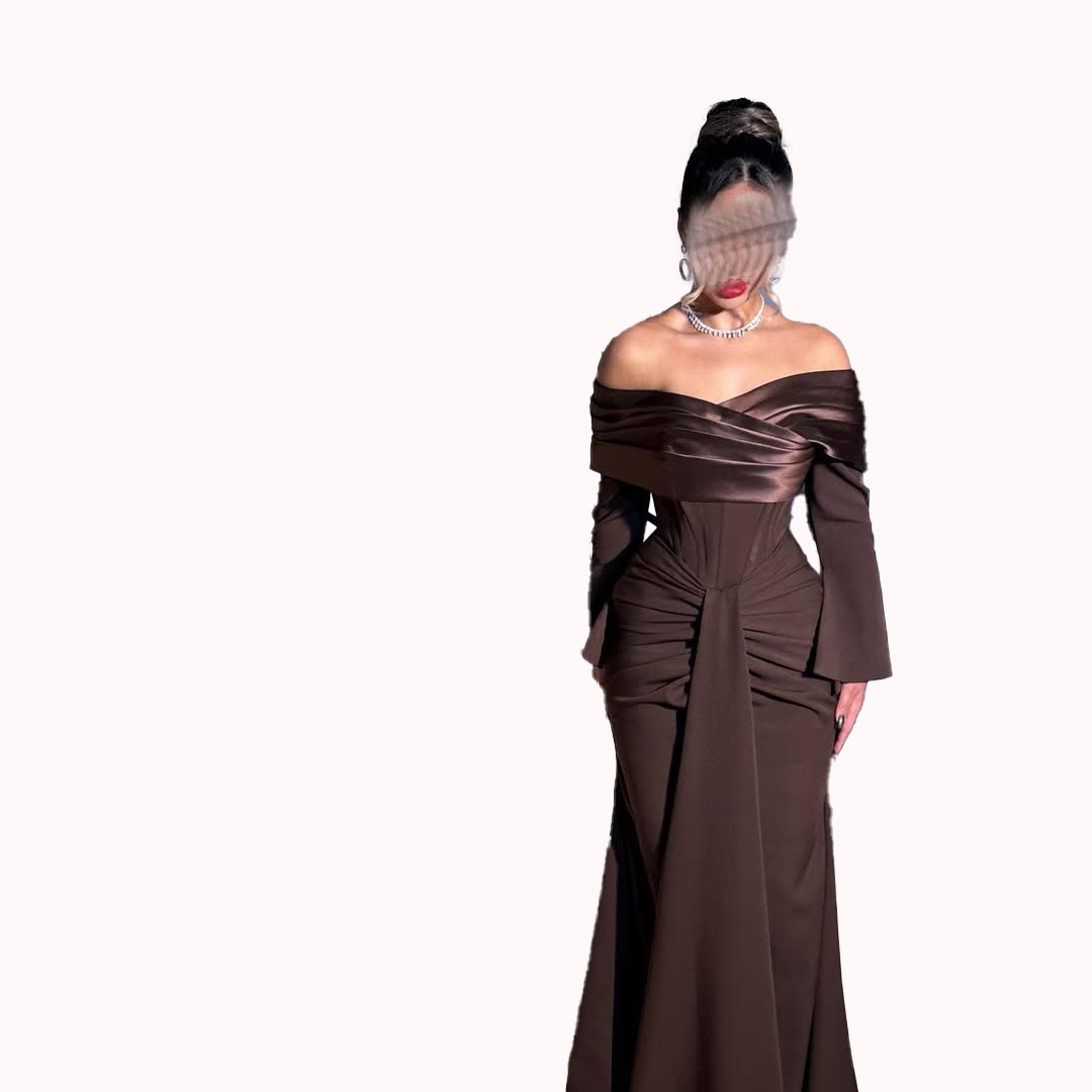 Robe de bal marron en Satin, épaules dénudées, manches longues, Corset, sirène plissée, dos nu, fermeture éclair, robe de soirée de mariage, personnalisée, 2025
