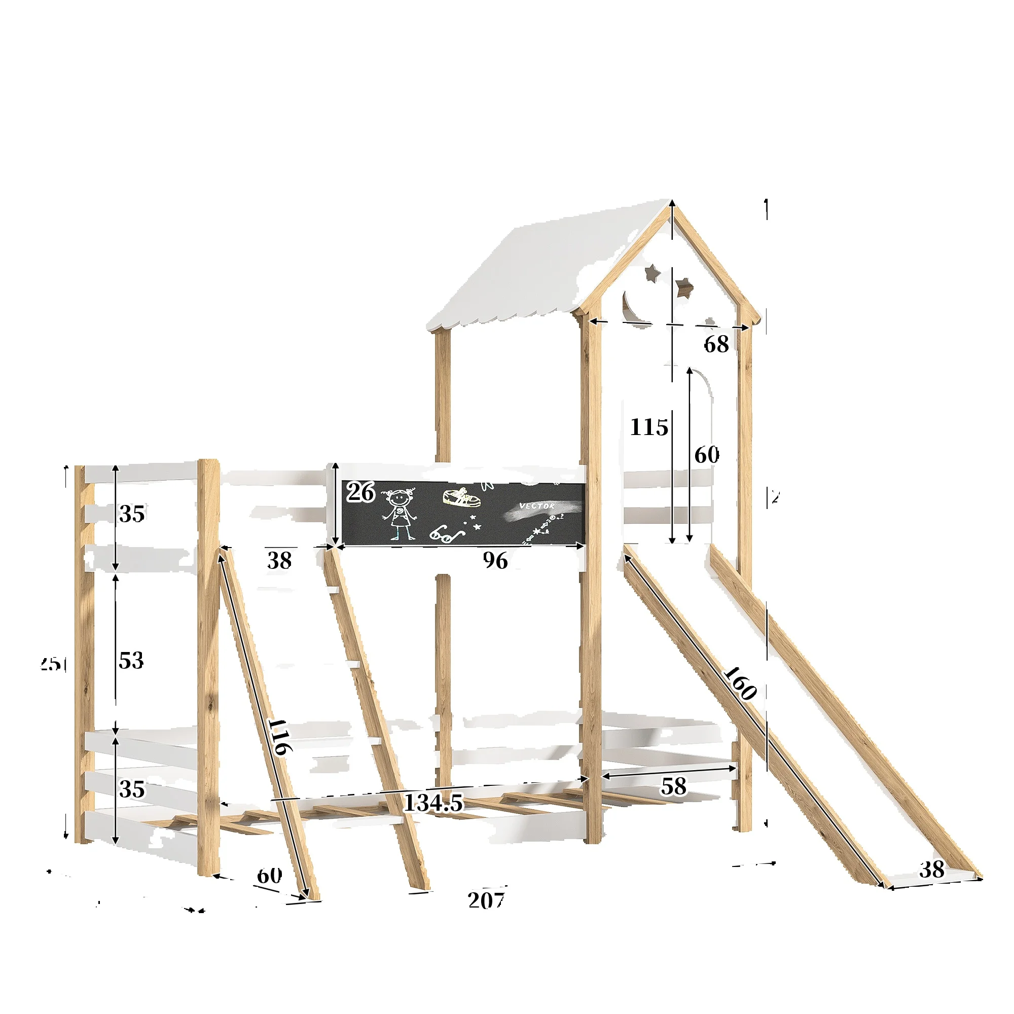 Letto matrimoniale 90x200cm con scale e scivoli, letto con recinzione, letto con lavagna per bambini, legno massello ecologico