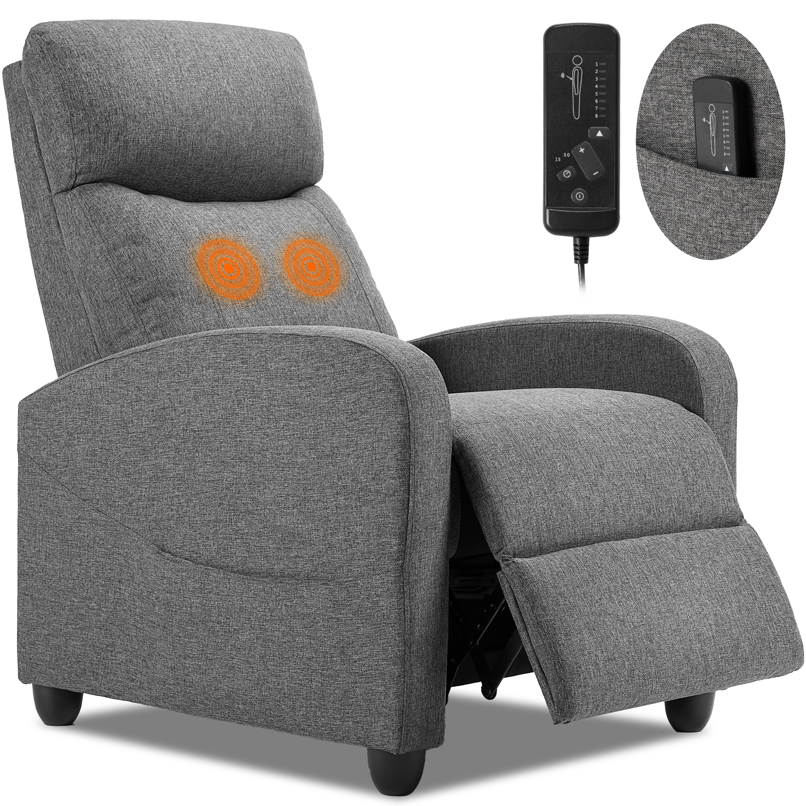 JHK Recliner Chair Massage Sofa Fabric Theater Lumbar Support Adjustable Modern Padded Seat Backrest Living Room Home Grey