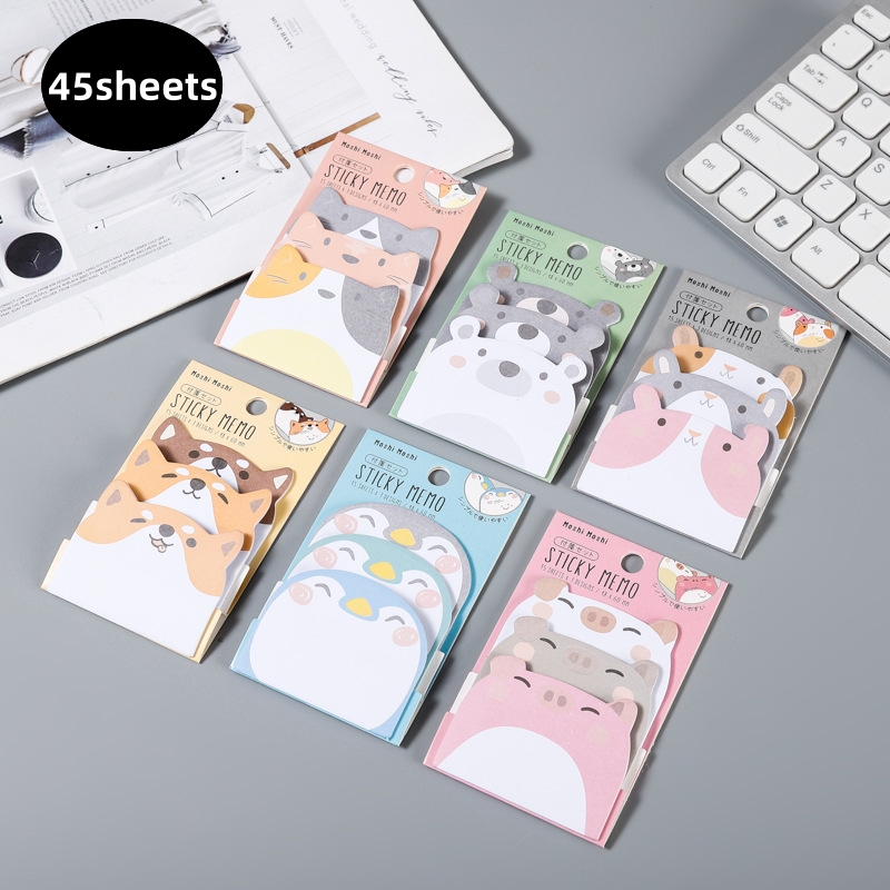 45 hojas/paquete de notas adhesivas de dibujos animados Kawaii pingüino cerdo oso gato Bloc de notas pegatina regalos para estudiantes papelería escuela suministros de oficina