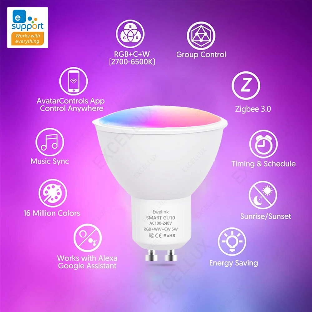 Żarówki LED ZigBee GU10 WiFi Smart RGB W+C 5W Ściemnialne Sterowanie Aplikacją Reflektor Współpracuje z Alexa Google Alice Hub