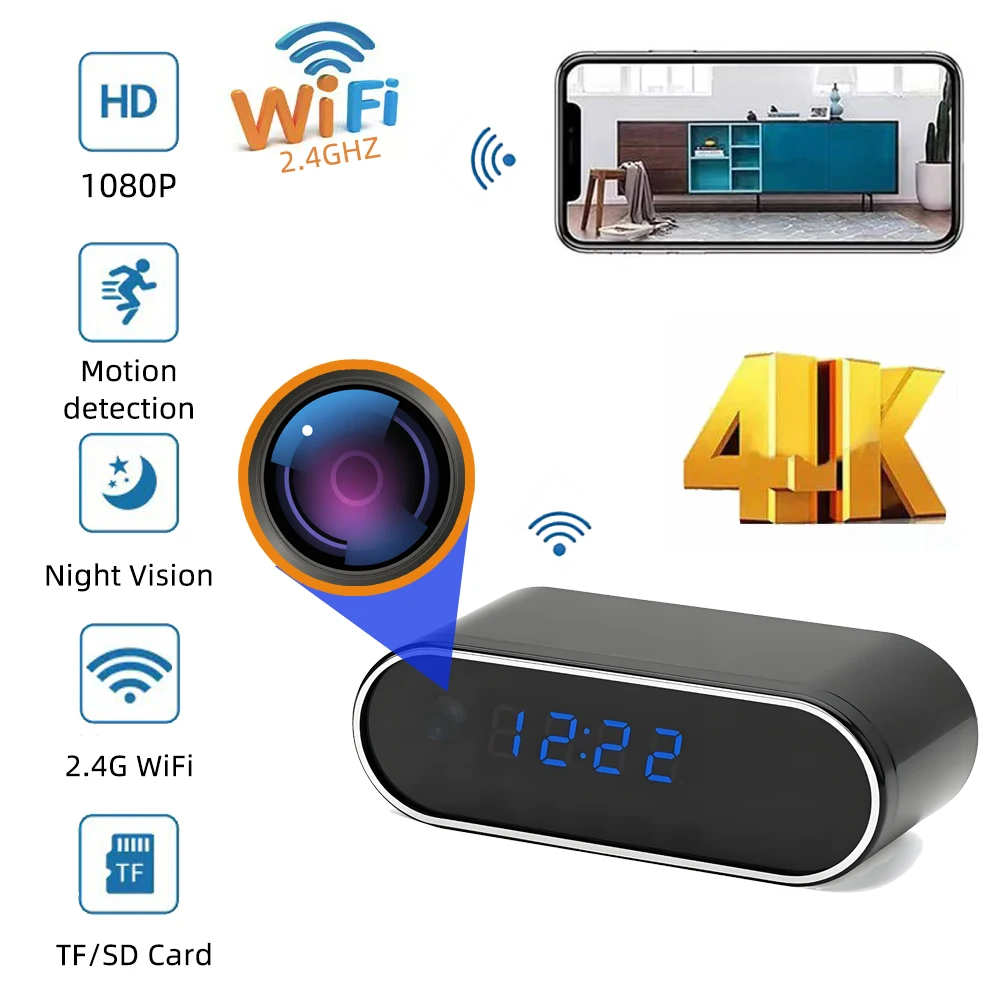 Cámara de reloj inalámbrico 1080p con soporte WiFi enrutador 2.4G WiFi HD Cámara de red detección de movimiento Cámara de niñera de vigilancia doméstica y de oficina en interiores de visión nocturna infrarroja
