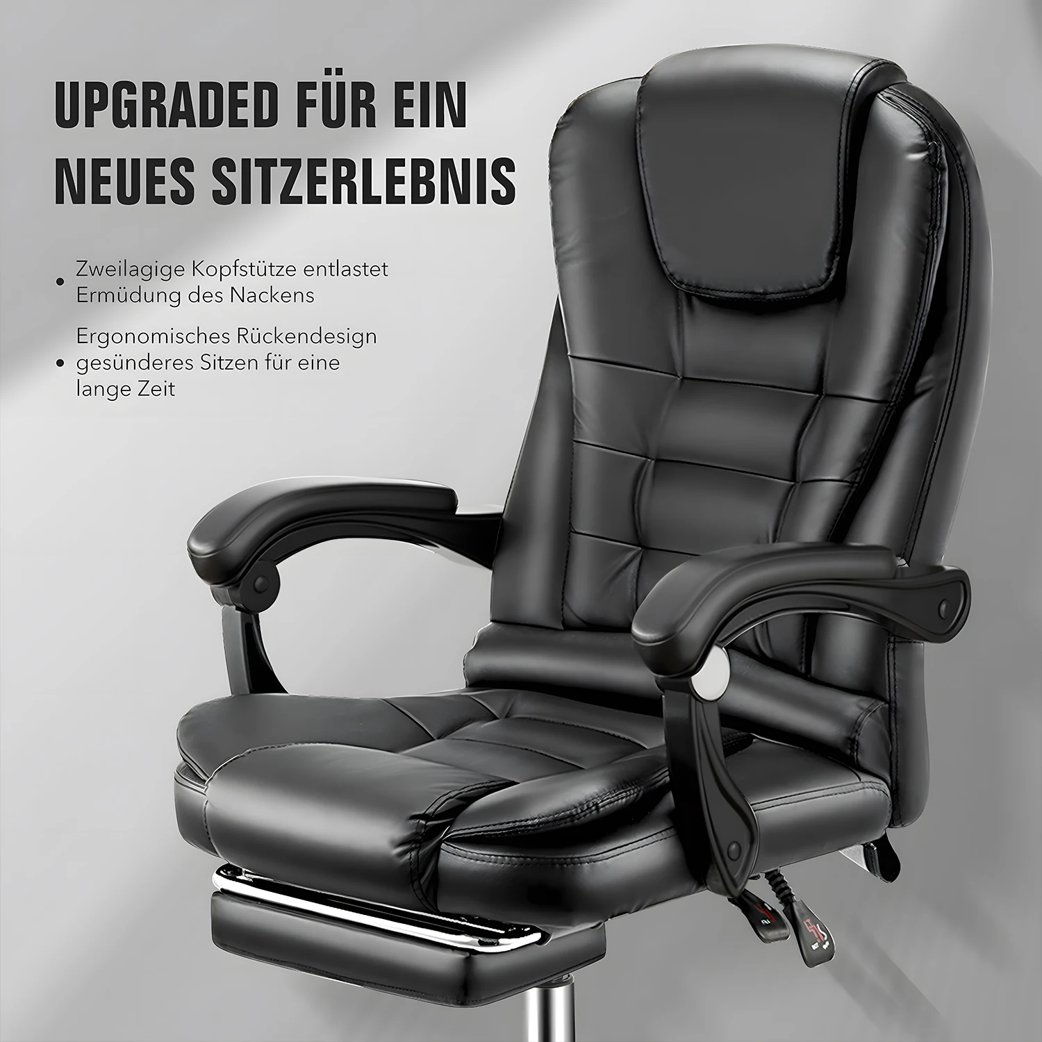 Bürostuhl mit Massagefunktion mit Fußstütze , ergonomisches Design mit großer Sitzpolsterung, Lendenwirbelstütze, Rollen, für reibungslose Mobilität im Büro, Schwarz