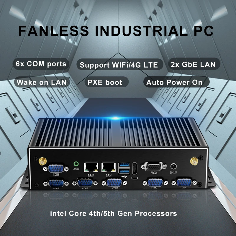 Mini PC Industrial IoT Sin ventilador, i7-5500U, Windows, Linux, 6x, COM-RS232, 1x, RS485, ajustable, 2x2,5G, Ethernet, ranura SIM, Mini PCIe