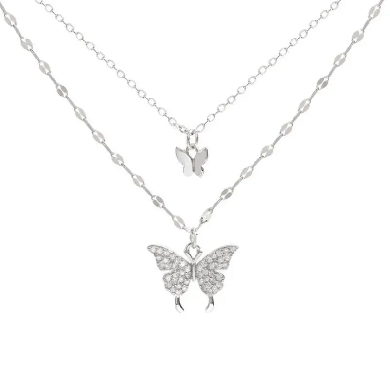 1 ผู้หญิง Lats ประกาย Double Layer สร้อยคอผีเสื้อประณีต Double Layer COLLAR CHAIN เครื่องประดับจัดเลี้ยงวันหยุดของขวัญ