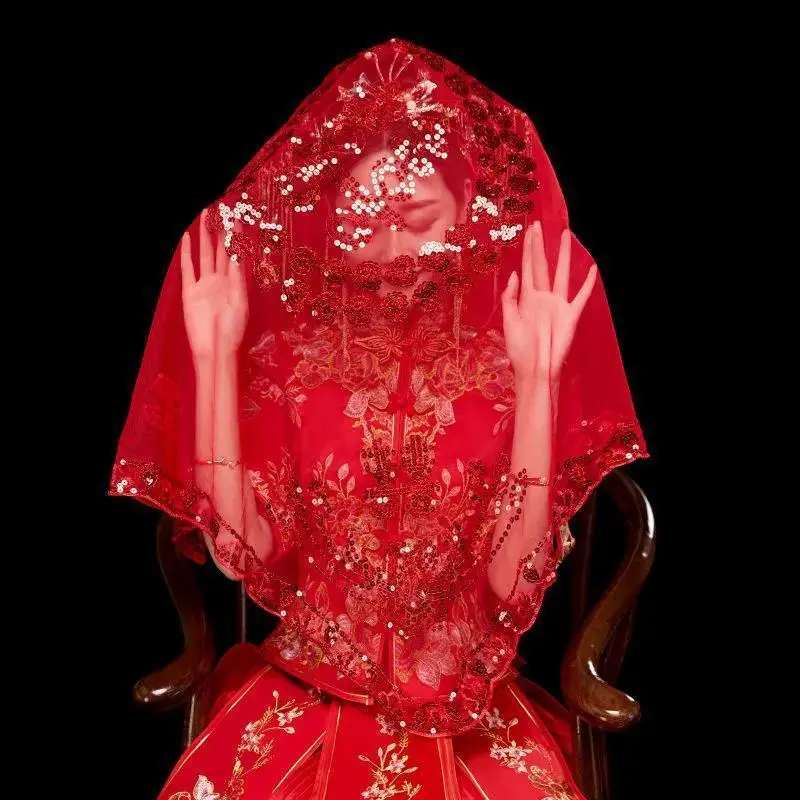 เจ้าสาว Headpiece ดอกไม้ชุดหลักสไตล์จีน Xiuhe สีแดงฝาครอบกึ่งโปร่งใส Veil Hijab อุปกรณ์เสริม Retro