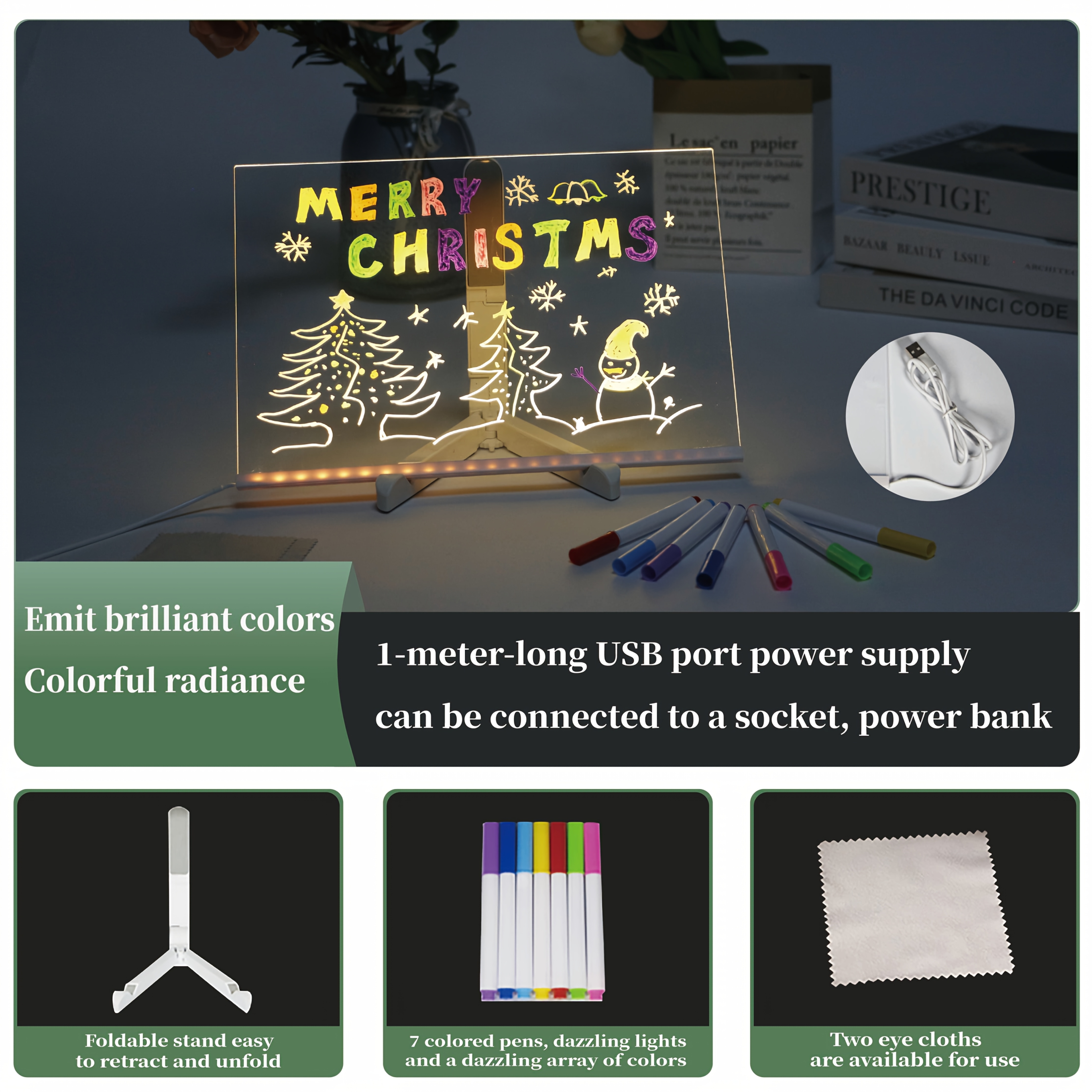 1Pc Led Light up Drawing Board, Erasable Acrylic Message Board with 7-Color Pen&Night Light&Base Stand&Wipe Cloth,Usb Powered for Creative Activities, Reusable Doodle Board with Stand,Safe Non-Toxic Material,Acrylic Message Board,Drawing Board