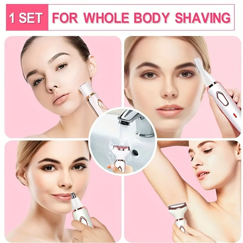 Maquinilla de afeitar eléctrica 4 en 1 para mujer, afeitadora corporal, recortadora de pelo para axila, Bikini, brazo, pierna, cara, bigote, portátil, indolora