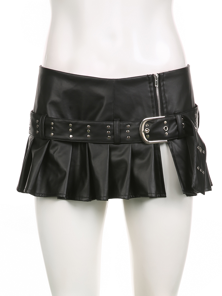 Rockmore PU Leer Dames Minirok Riem Lage Taille Gothic Zwart Vintage y2k Streetwear Rits Plooirok Harajuku Koreaans