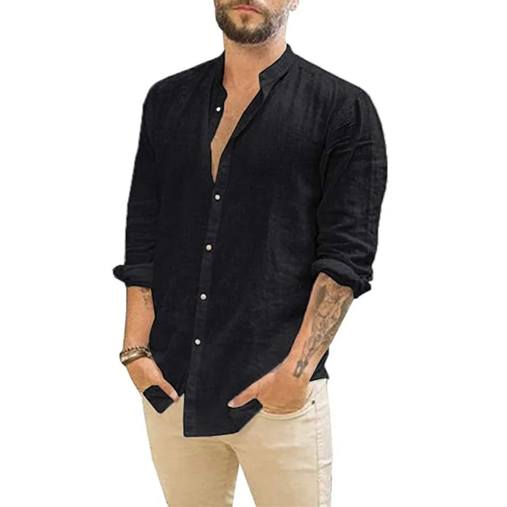ผ้าฝ้ายลินินขายร้อนเสื้อแขนยาวผู้ชายฤดูร้อนสีทึบ Stand-Up COLLAR Casual Beach สไตล์ PLUS ขนาด