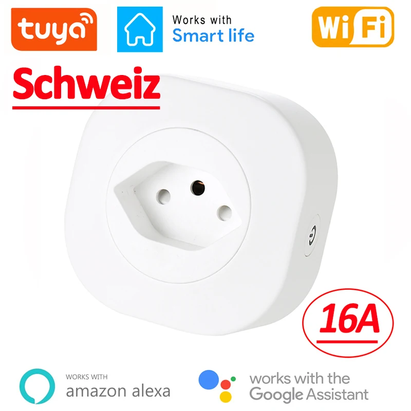 WiFi Smart Plug 16A Svizzera CH Spina Presa di corrente Presa Tuya APP per Alexa Google Home Controllo vocale Temporizzazione del monitor di alimentazione