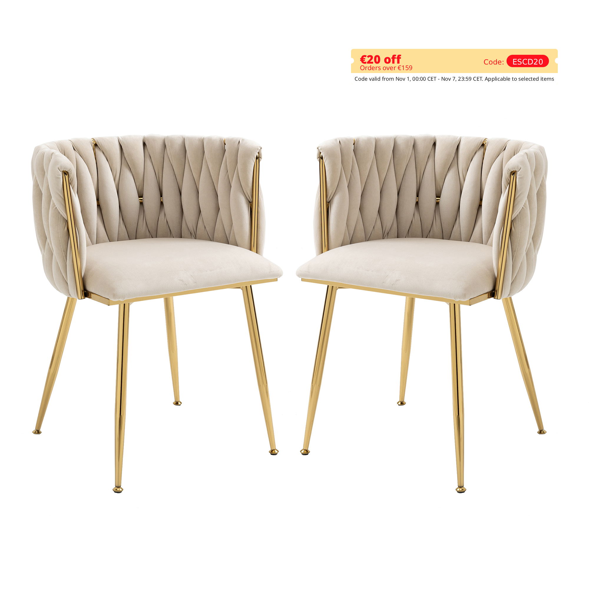 LVHOM Chaises de salle à manger modernes en velours (2 ensembles) avec pieds en métal doré, chaises design tissées à la main pour salle à manger et salon