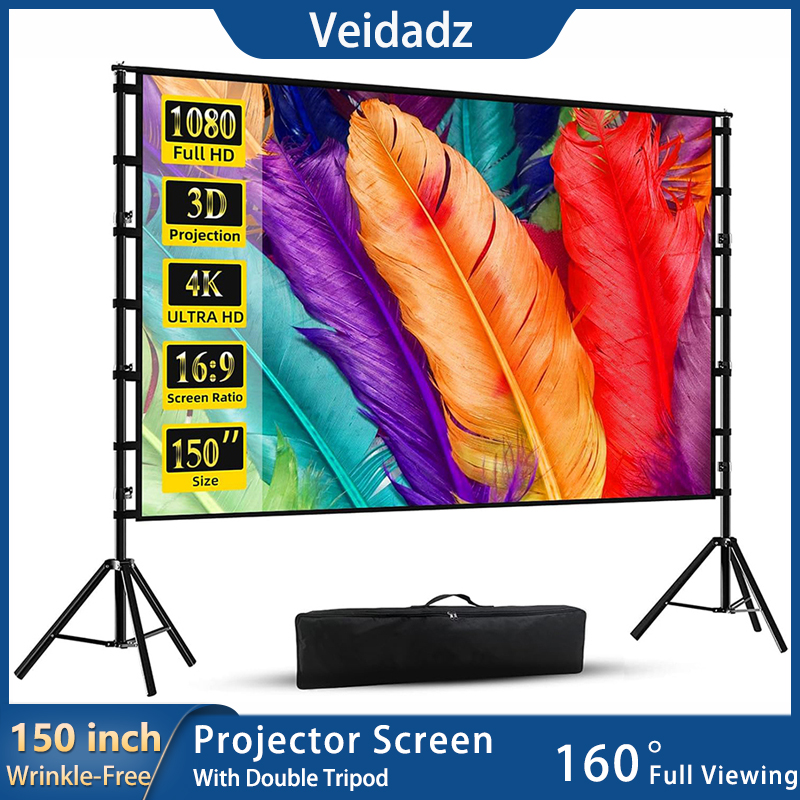 Pantalla de proyector VEIDADZ con soporte blanco sin arrugas 160 °   Ángulo de visión 60-150 pulgadas Pantalla de doble cara Cine en casa al aire libre