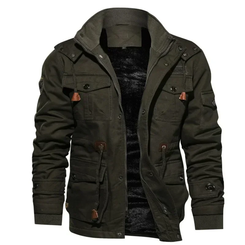 Men Fleece Fur Lined Thick Mid-Length Cotton Jacket Long Sleeve Autumn Winter Casual Jackets