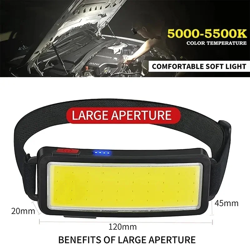 Potente linterna frontal LED COB tipo c, linterna frontal recargable con batería integrada, linterna para acampar y pescar al aire libre, antorcha impermeable