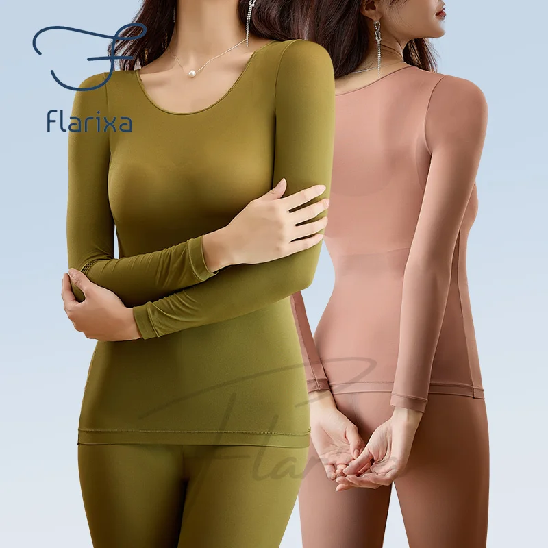 Flarixa ชุดชั้นในชุดผู้หญิง First Layer Thermal Top Long Johns 2 ชิ้นชุดฤดูหนาว Thermo เสื้อผ้าสุภาพสตรีบาง