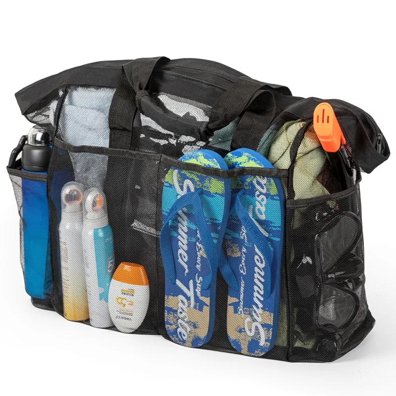 Bolsa de praia extra grande – leve, impermeável, dobrável, com alças de malha, bolsos com zíper e alças fixas