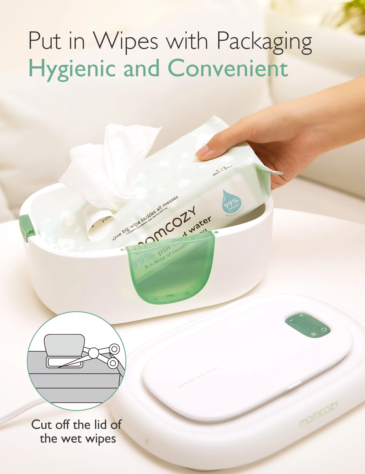 Aquecedor de lenços umedecidos Momcozy, grande capacidade, aquecimento rápido e uniforme, 4 modos de controle de aquecimento de temperatura, com luz noturna
