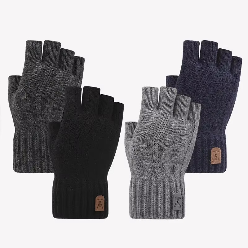Luvas de inverno para homens meio dedo escrita escritório ciclismo luvas de malha estudantes lã alpaca quente grosso elástico luvas de condução