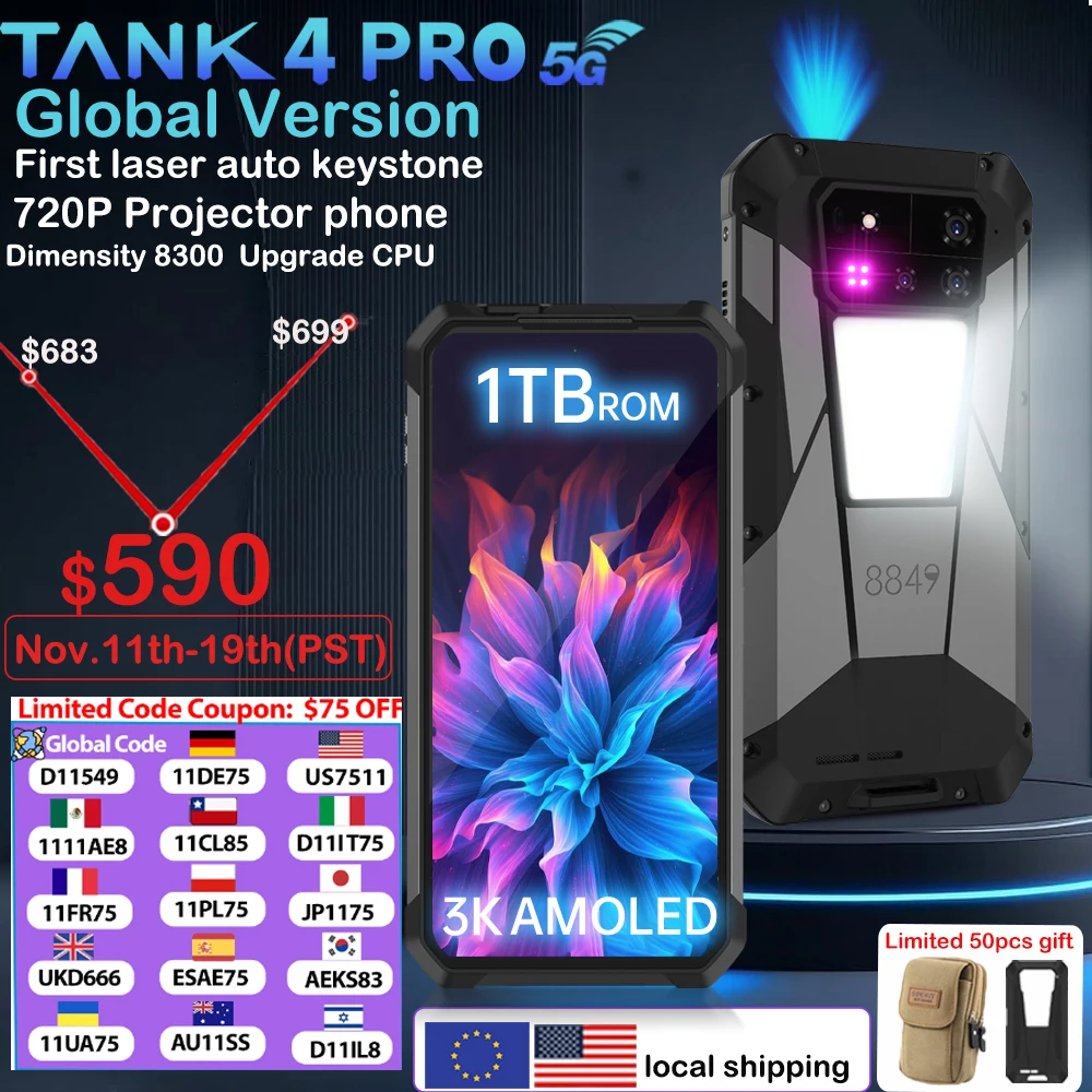 8849 Tank 4 Pro Unihertz 5G proyector resistente Smartphone 36G 1TB Android 14 teléfono deportivo 11600mAh Dimensity8300 AMOLED 120HZ