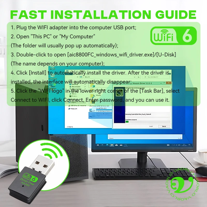 WIFI6 USB Wireless Network Card Adapter AX300 802.11AX 2.4GHz WI-FI Receiver Mini Dongle For PC Laptop Windows7/10/11 Drive Free