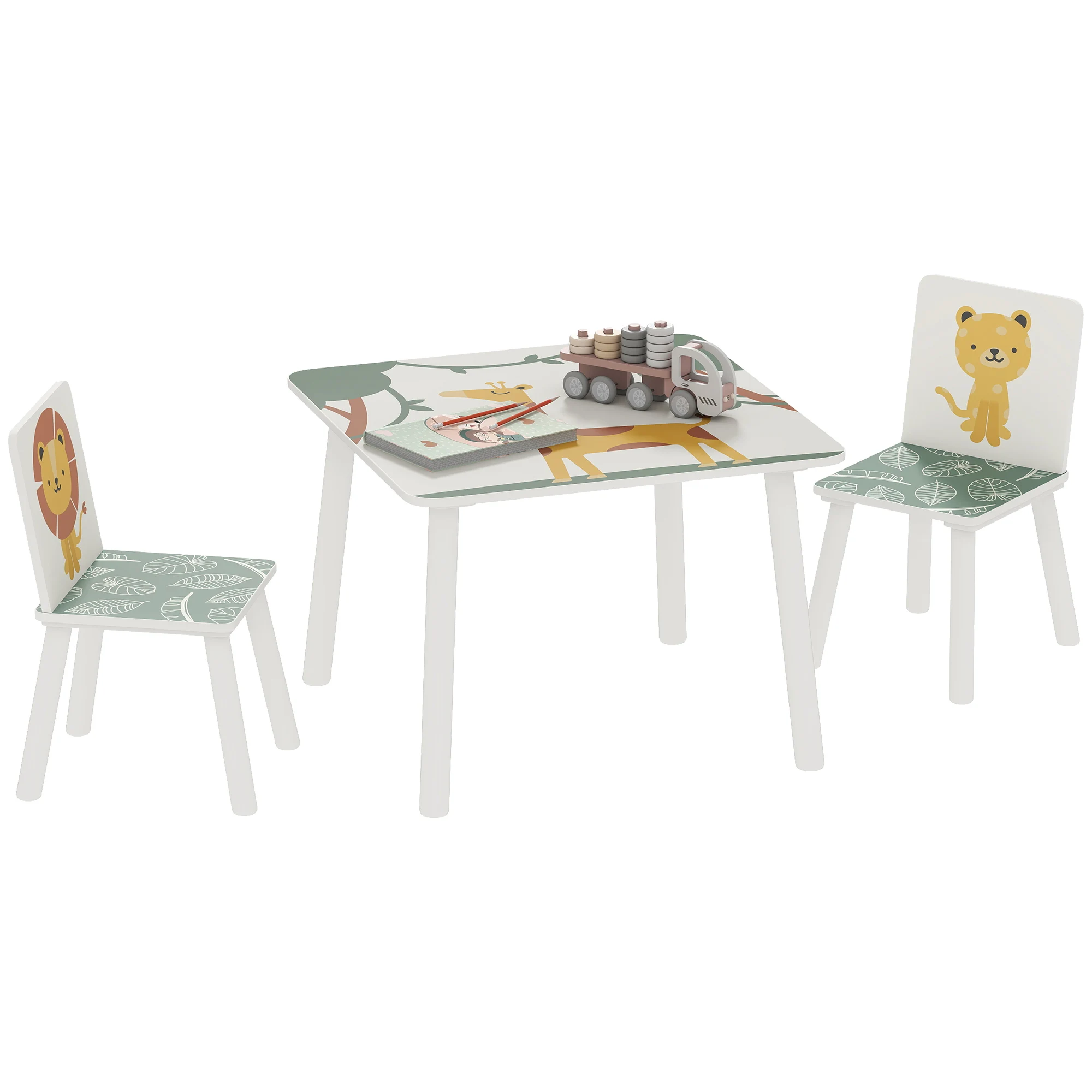 Aiyaplay 3-teiliger Kindertisch und Stühle, Kindertisch mit 2 Stühlen aus Kiefernholz, Möbelset mit Löwenzeichnungen für Kinder ab 3 Jahren, für Schlafzimmer, Spielzimmer, Grün