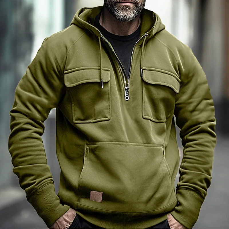 Sudaderas con capucha tácticas de media cremallera para hombre, sudaderas militares de lana sólida y cálida, chaquetas con capucha con múltiples bolsillos para hombre, Polar grueso para exteriores