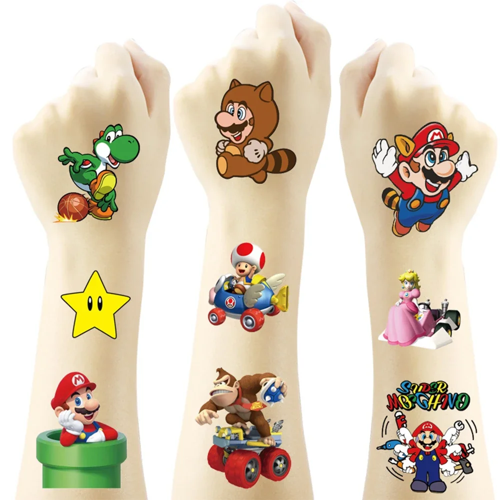 20 Pçs/set Super Mario Bros Tatuagem Temporária Adesivos Kawaii Luigi Yoshi Figura Decalques Brinquedos Crianças Presentes de Festa de Aniversário