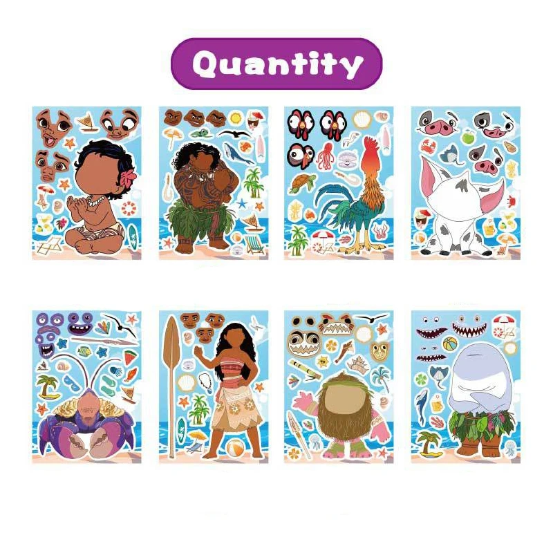 8/16 Blatt Disney Cartoon Moana DIY Make a Face Puzzle Aufkleber DIY Kinder Cartoon Lustige Montieren Puzzle Scrapbooking Aufkleber